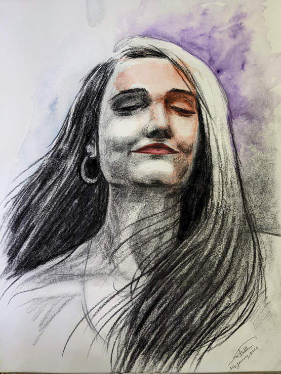 Colour me - mixedmedia (charcoal & watercolours) (ART_8307_64499) - Handpainted Art Painting - 12in X 17in