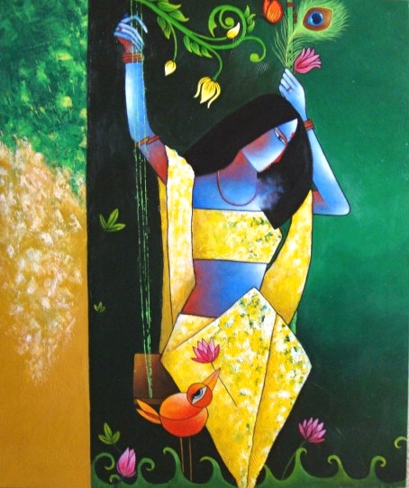 Meera series-Krishna (ART_3539_67143) - Handpainted Art Painting - 30in X 36in