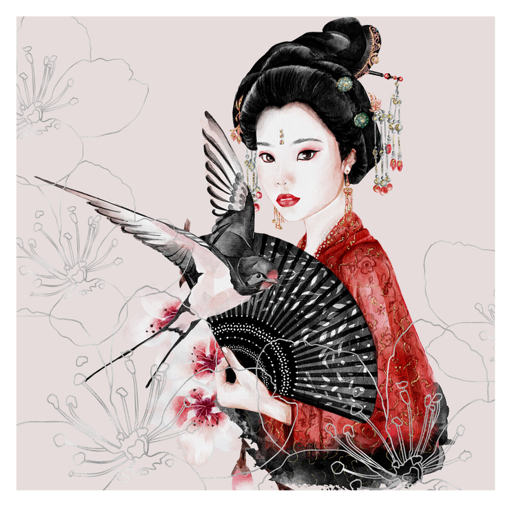 Japanese Elegance In Red (PRT_8429_64323) - Canvas Art Print - 18in X 18in