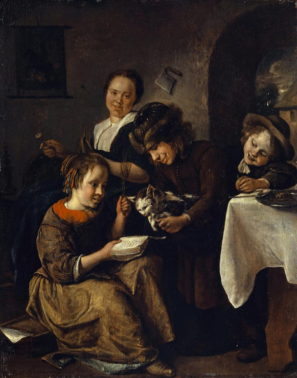 Children Teaching A Cat To Read (1665-68) (PRT_15279) - Canvas Art Print - 19in X 24in