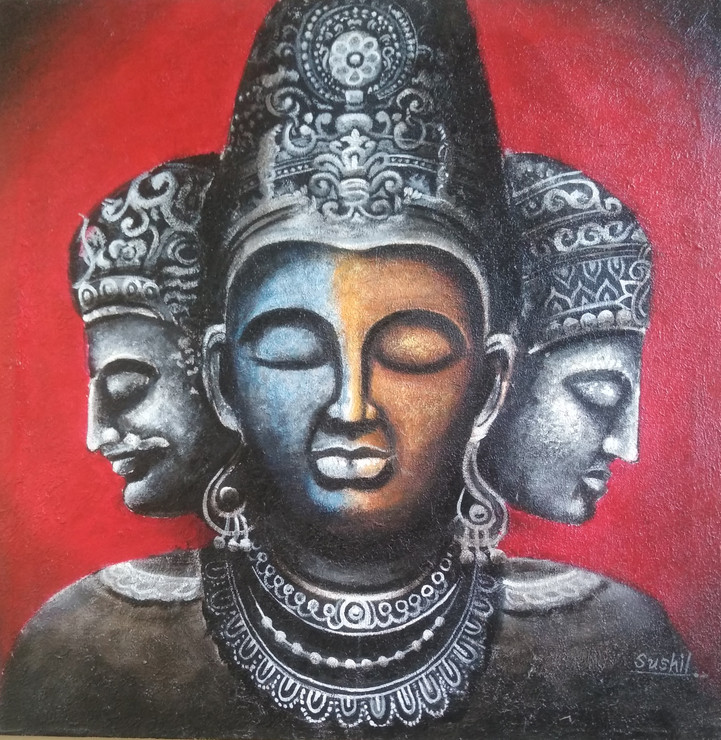 Trimurti (ART_7610_67306) - Handpainted Art Painting - 24in X 24in