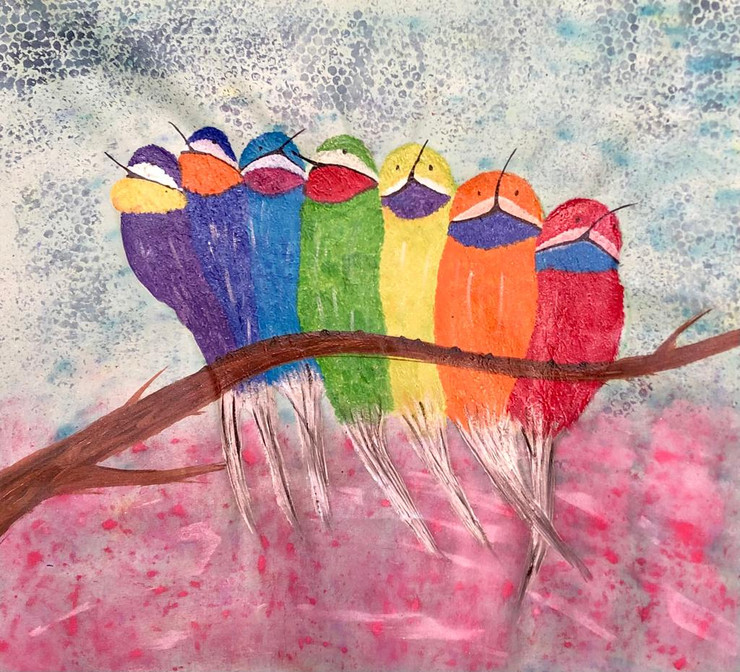 3D TEXTURED RAINBOW COLOURED BIRDS (ART_7748_67251) - Handpainted Art Painting - 29in X 27in