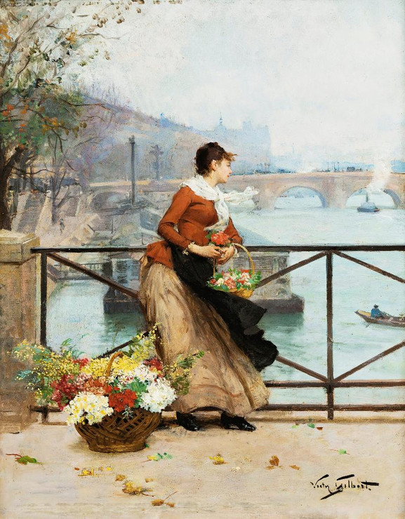 The Flower Vendor On The Pont Des Arts, Paris (PRT_15465) - Canvas Art Print - 20in X 25in