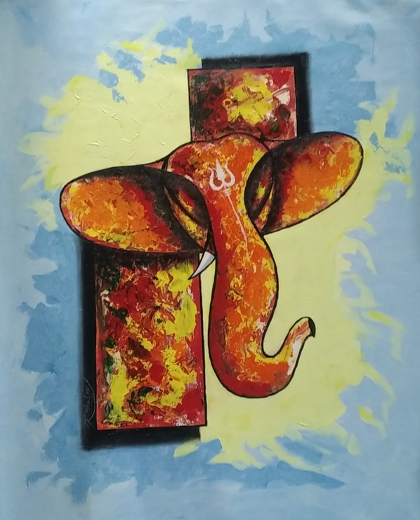 Ganesha-5 (ART_1230_62517) - Handpainted Art Painting - 28in X 22in