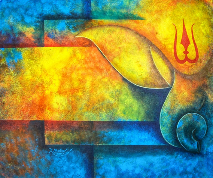 Abstract Ganesha (ART_1230_59865) - Handpainted Art Painting - 32in X 26in