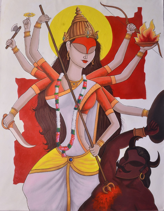 Mahishasurmardini-2 (ART_1230_52393) - Handpainted Art Painting - 32in X 44in