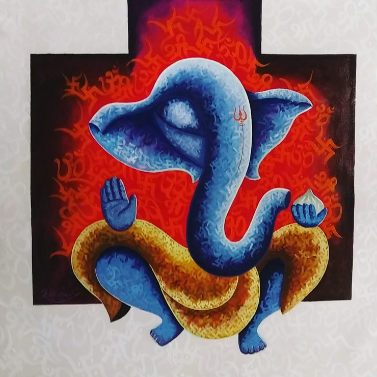 Ganesha-3 (ART_1230_49088) - Handpainted Art Painting - 36in X 32in