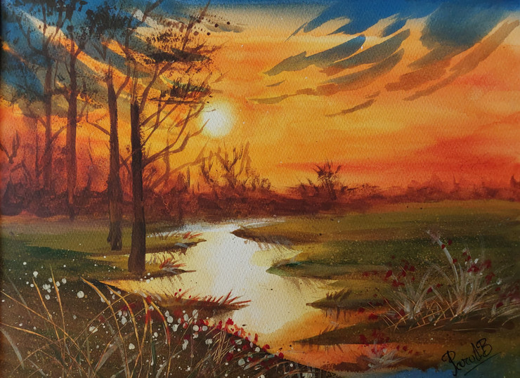 Moods of Sunset (ART_8378_67415) - Handpainted Art Painting - 16in X 12in