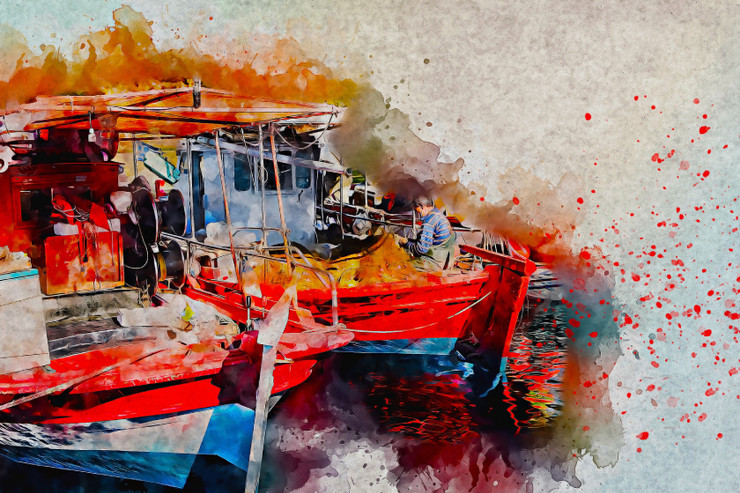 Boats Fishing Sea  (PRT_7809_67515) - Canvas Art Print - 20in X 13in