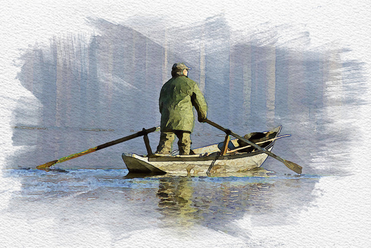 Boat Lake Man  (PRT_7809_67513) - Canvas Art Print - 20in X 13in