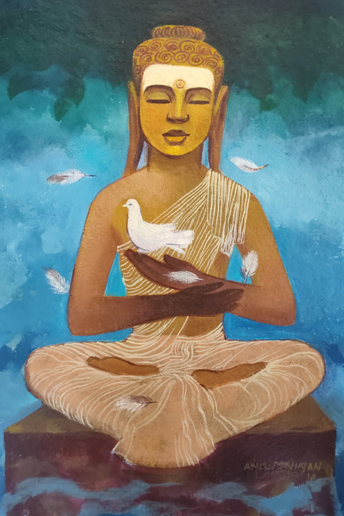Buddham 04 (ART_1210_67554) - Handpainted Art Painting - 13in X 20in