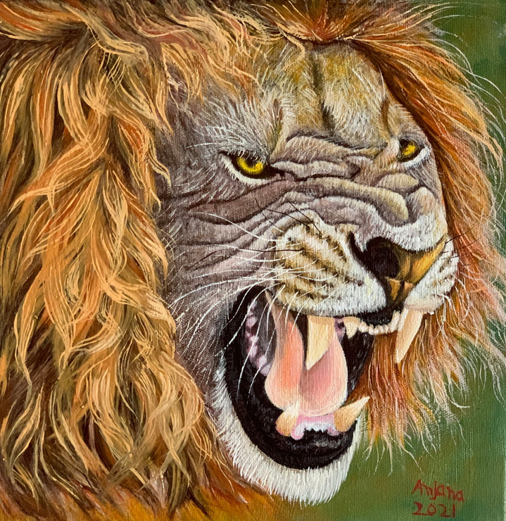 Roaring Lion Portrait Oil Painting (ART_8067_67555) - Handpainted Art Painting - 10in X 10in