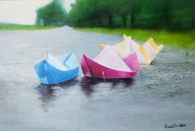 Wo kagaz ki kashti (ART_1882_67869) - Handpainted Art Painting - 22in X 15in