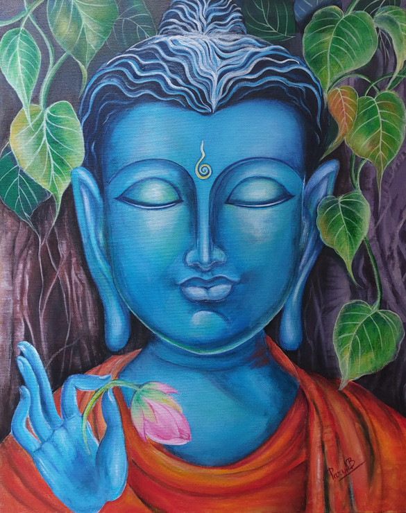 Blue Buddha-Meditating Buddha (ART_8378_67672) - Handpainted Art Painting - 24in X 30in