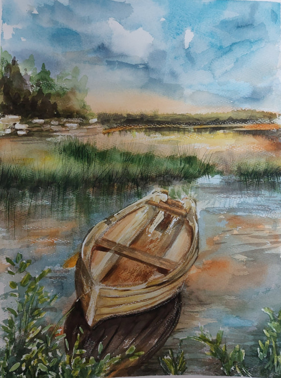 Stationary-Boat (ART_8378_67636) - Handpainted Art Painting - 12in X 16in