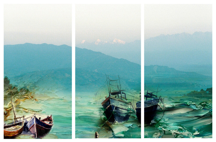 seascape, multi piece seascape, boats, boats on shore, beach, waves