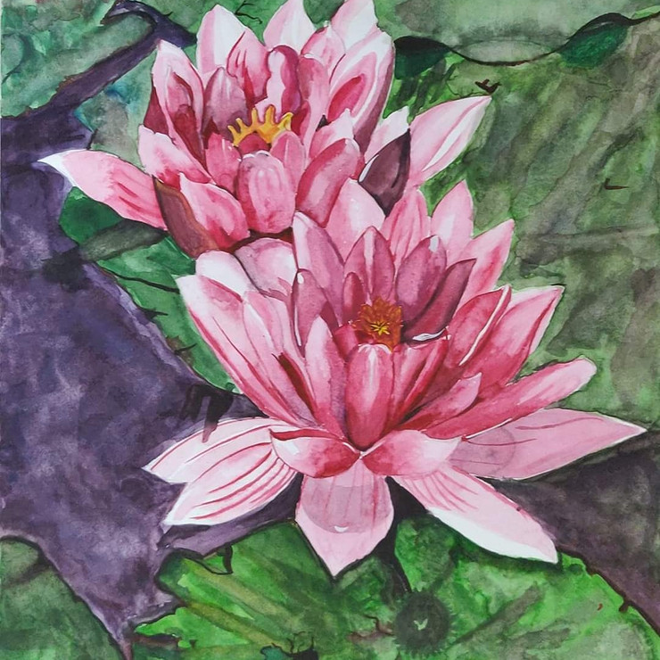 The floating Lotus (ART_8629_67978) - Handpainted Art Painting - 12in X 17in