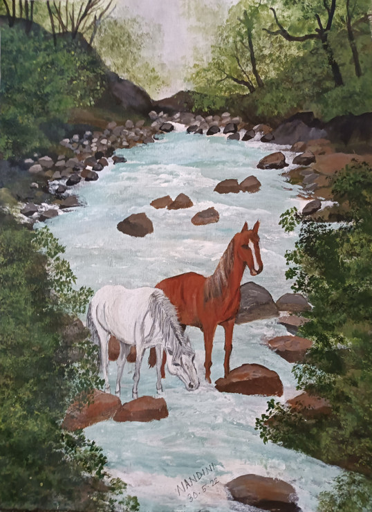 Horses near the river  (ART_8657_68096) - Handpainted Art Painting - 16in X 24in