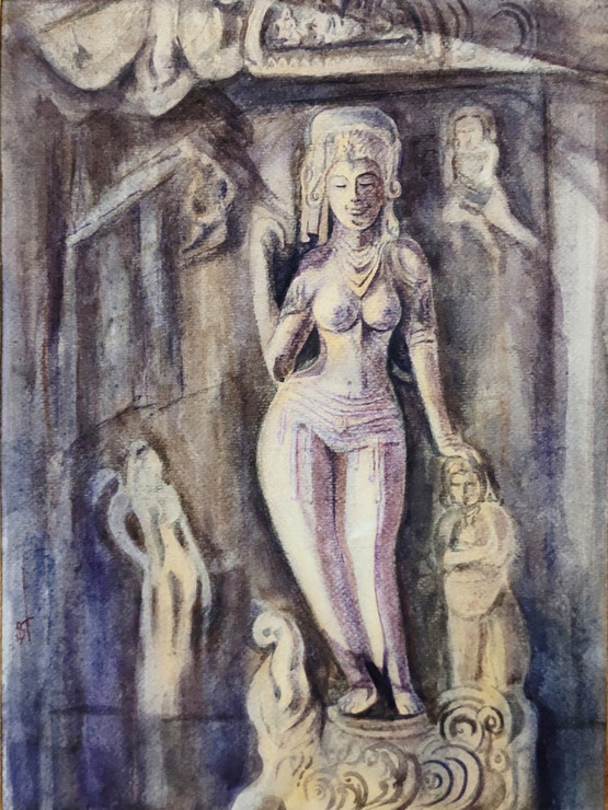 Goddess Ganga (ART_1559_68195) - Handpainted Art Painting - 12in X 16in