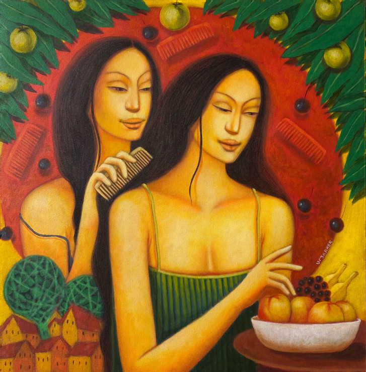 A sweet friendship (ART_8458_68164) - Handpainted Art Painting - 28in X 28in