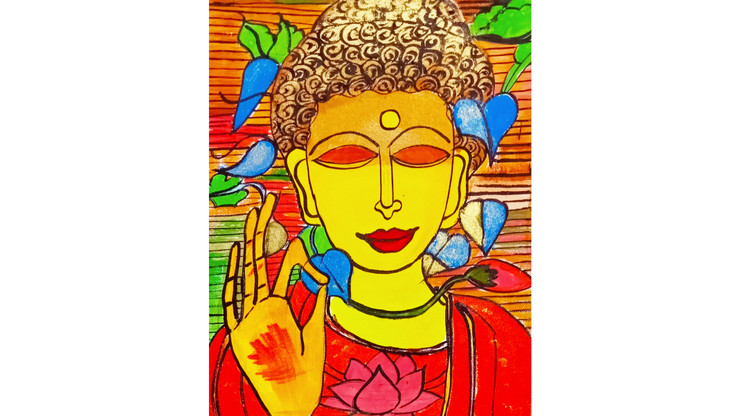 The enlightenment Buddha -Lord of the Universe (ART_8661_68143) - Handpainted Art Painting - 18in X 18in