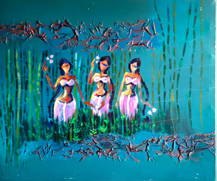Three Lady (ART_8665_68255) - Handpainted Art Painting - 36in X 30in