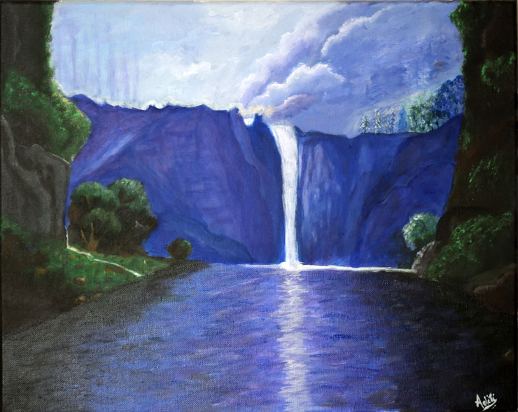 Mystic Waterfall (ART_8677_68337) - Handpainted Art Painting - 20in X 16in
