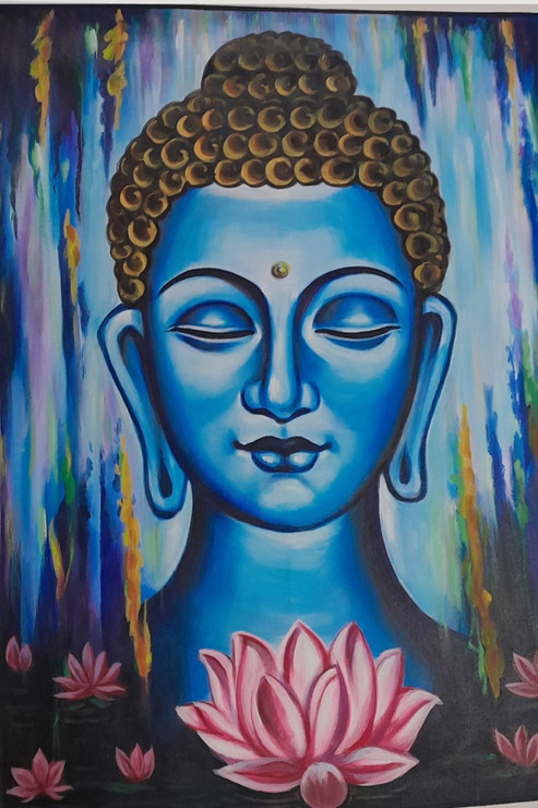 Buddha With Fluorescent Color Handmade Painting (ART_7555_68442) - Handpainted Art Painting - 24in X 36in