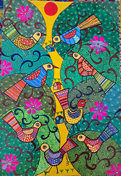 Tribal Art-Kilbil 5 (ART_1243_68424) - Handpainted Art Painting - 14in X 20in