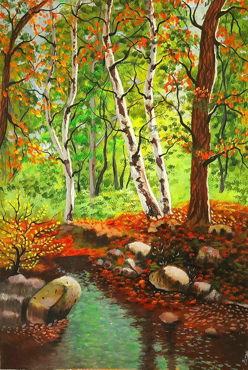 Birchwood Forest Park (ART_8415_68490) - Handpainted Art Painting - 16in X 23in