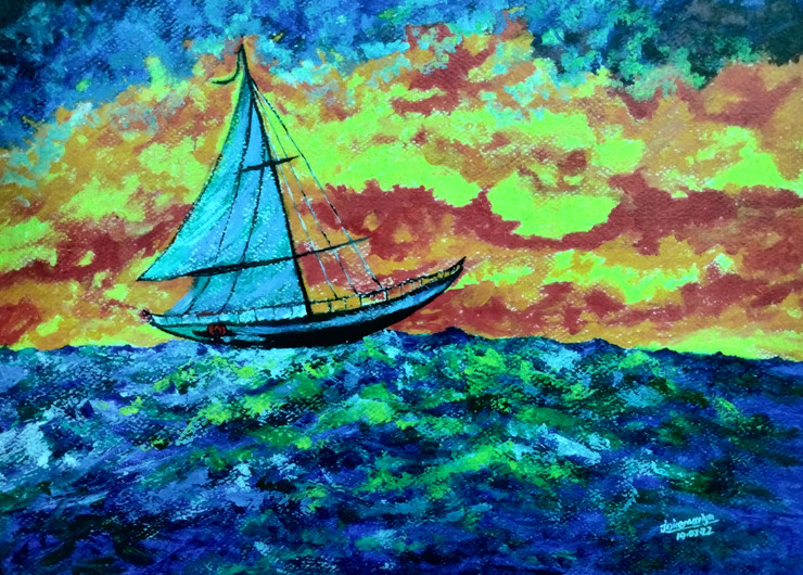 A huge Ship Cross the Blue Sea- Red Sunset (ART_8401_68467) - Handpainted Art Painting - 42in X 30in