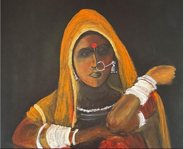 Rajasthani woman (ART_8519_68315) - Handpainted Art Painting - 16in X 16in