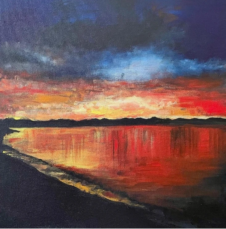 Sunset by the sea (ART_8519_68314) - Handpainted Art Painting - 16in X 16in
