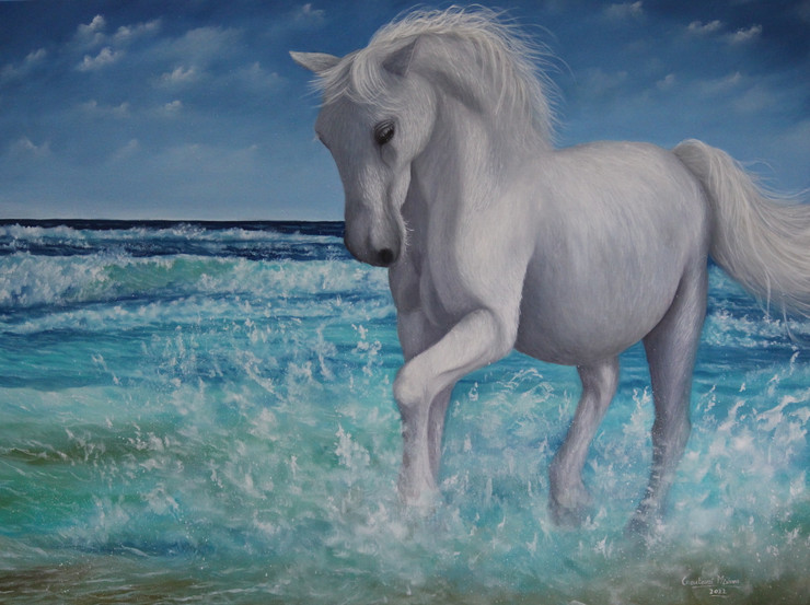 White horse at Sea - Joy of Freedom (ART_976_68644) - Handpainted Art Painting - 48in X 36in