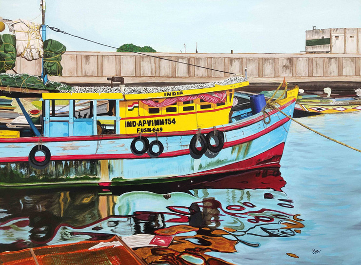 Vizag harbour (ART_329_68608) - Handpainted Art Painting - 48in X 36in