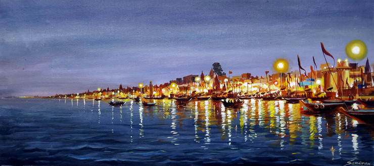 Night Reflections Varanasi  (ART_1232_68704) - Handpainted Art Painting - 32in X 15in