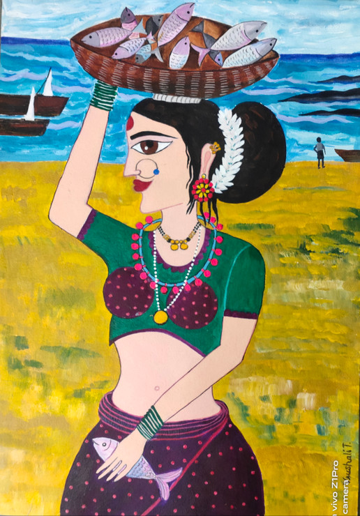 Fish seller lady (ART_8262_68682) - Handpainted Art Painting - 14in X 20in