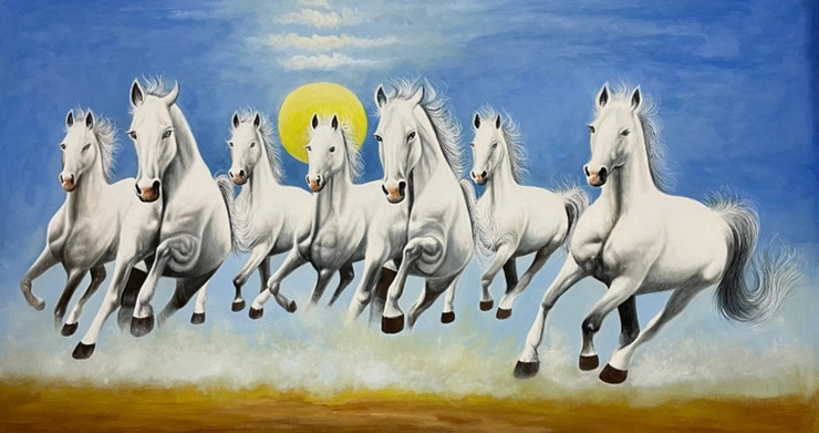 Seven Running White Horse Animals Painting Artistic Canvas Art (ART_7555_68738) - Handpainted Art Painting - 36in X 22in