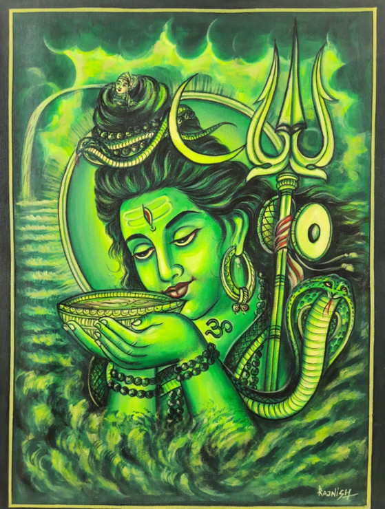 Green Shiva Drinking Poison Painting On Canvas (ART_7555_68729) - Handpainted Art Painting - 24in X 36in