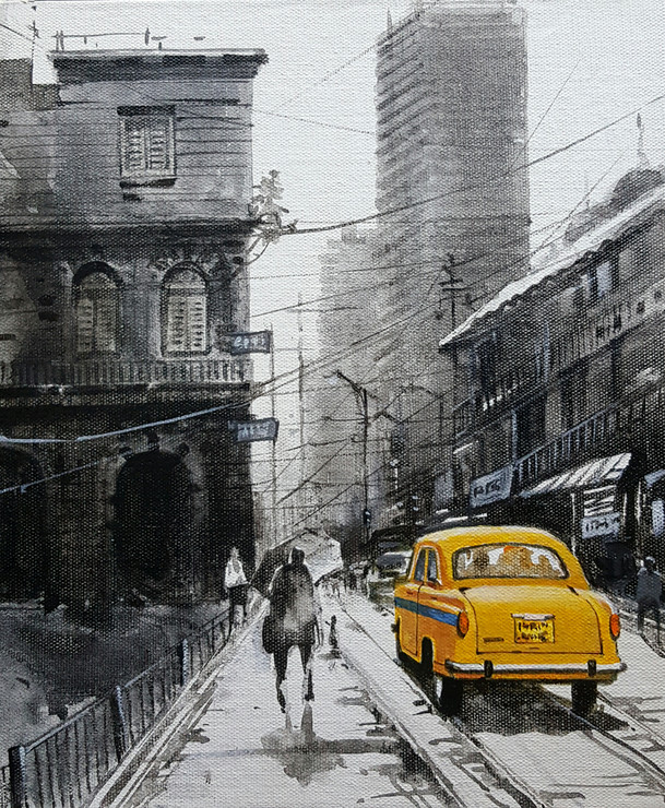 Kolkata (ART_8302_68743) - Handpainted Art Painting - 20in X 24in