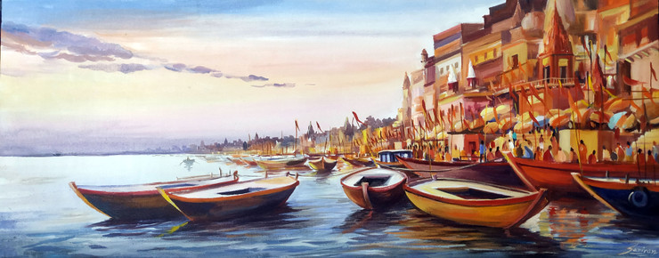 Morning Kasi (ART_1232_68713) - Handpainted Art Painting - 45in X 18in