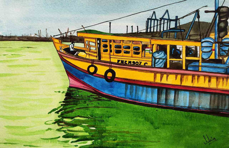 Vizag harbour (ART_329_68724) - Handpainted Art Painting - 6in X 9in