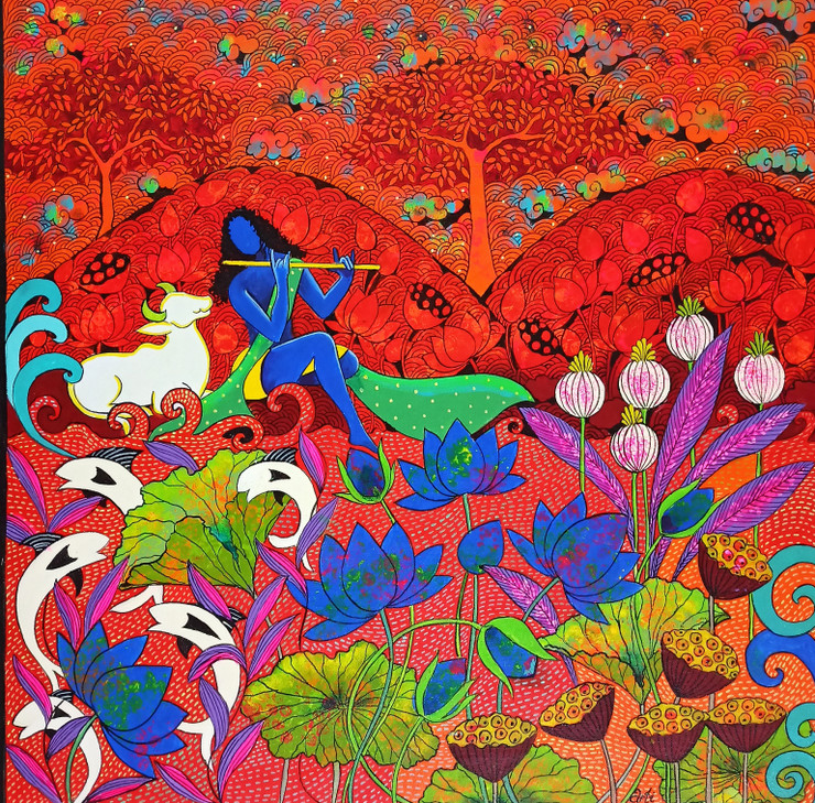 BLUE LOTUS (ART_1968_68926) - Handpainted Art Painting - 24in X 24in