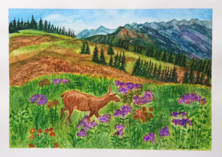A Wandering Deer Under The Lap Of Mountains. (ART_8729_69094) - Handpainted Art Painting - 12 in X 8in