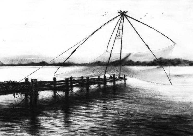 Fishing nets (ART_464_68985) - Handpainted Art Painting - 28in X 20in