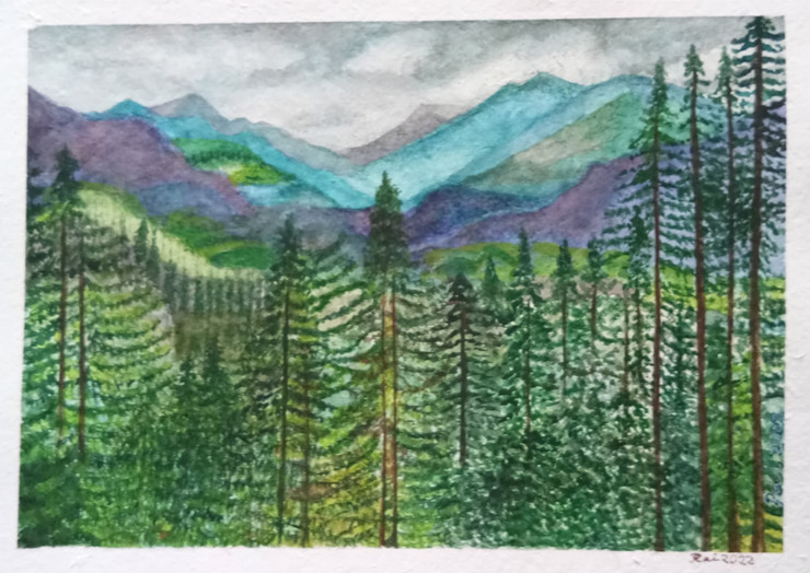 Pine Forest Under Mountain Range. (ART_8729_69111) - Handpainted Art Painting - 12 in X 8in