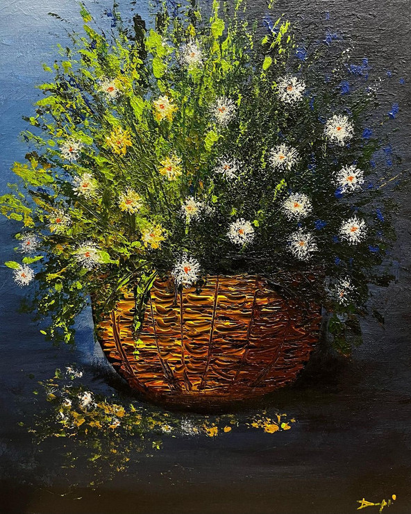 White Flowers (ART_8456_69332) - Handpainted Art Painting - 20in X 20in