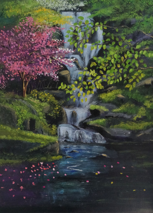 Waterfall and a pink tree (ART_8456_69320) - Handpainted Art Painting - 20in X 24in