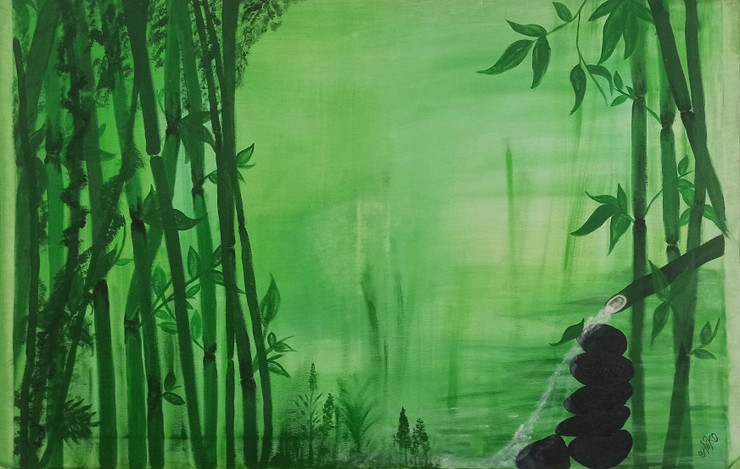 Bamboos with water and six stones (ART_8743_69348) - Handpainted Art Painting - 36in X 24in