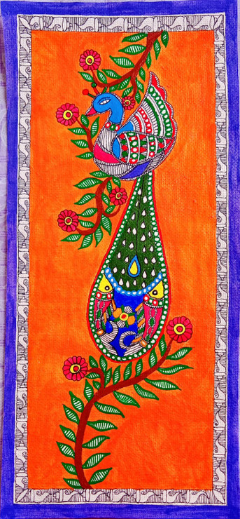 PEACOCK WITH FISHES (ART_7470_69280) - Handpainted Art Painting - 8in X 15in